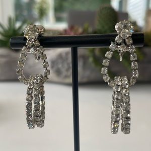 Vintage Crystal Multi Hoop Clip Back Hanging Earrings ~ 2” Long